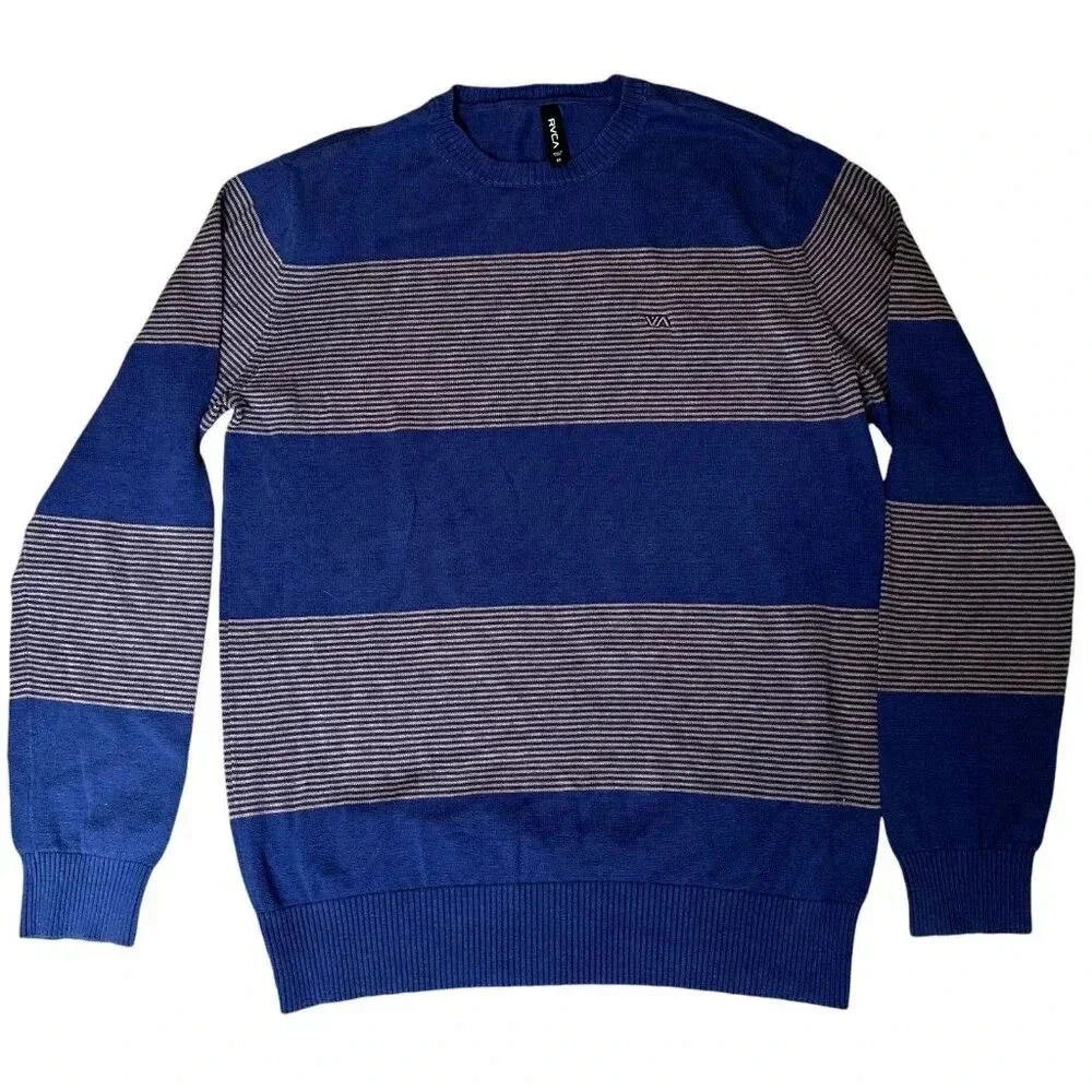 RVCA Sweater Mens Size Medium Blue Striped Crewneck Pullover Skater Surfer